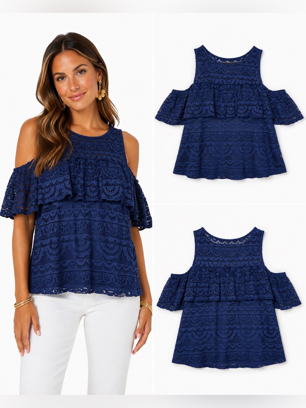 Lilly Pulitzer Lyra Top M Navy Blue Scalloped Stripe Lace Cold Shoulder Blouse